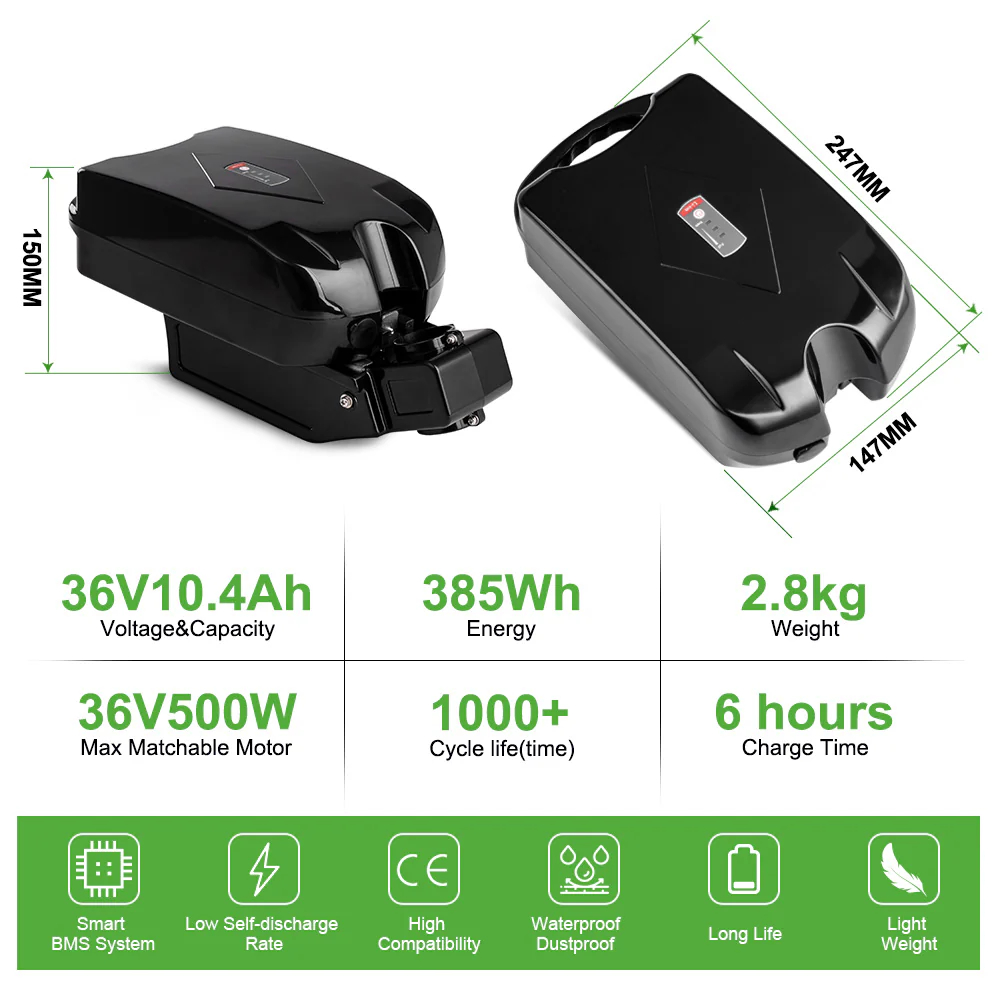 24V/36V10Ah Frog Li-ion E-Bike Seat Tube Battery - Image 3