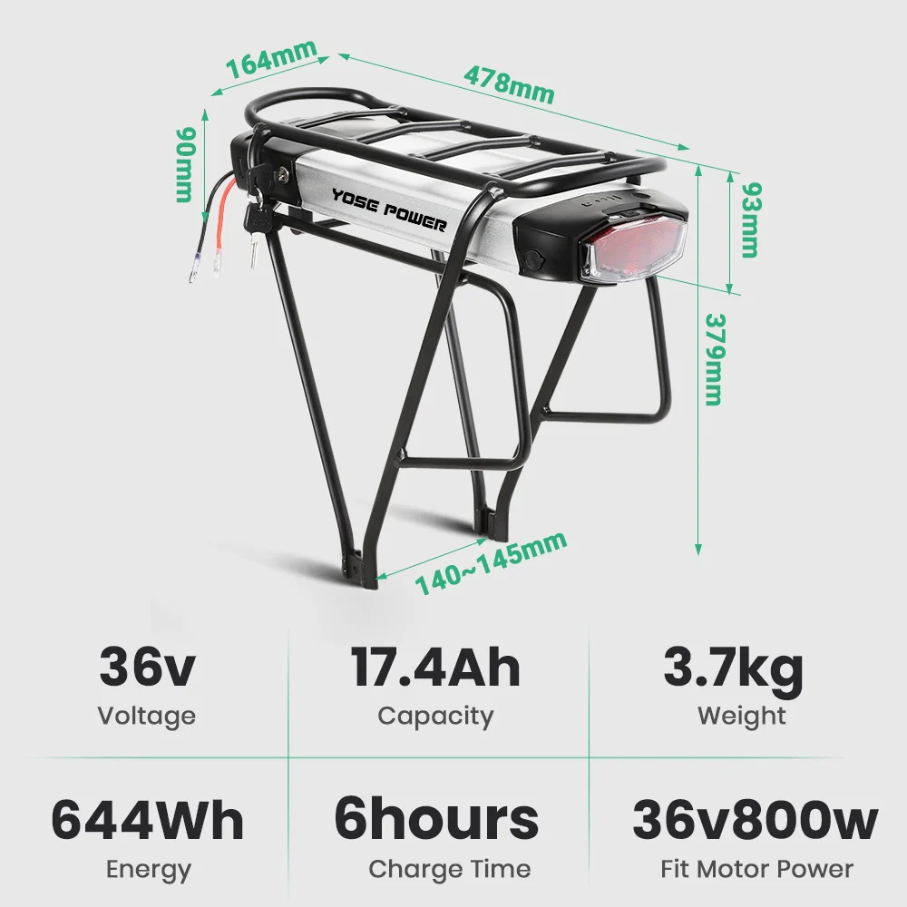 36V13Ah/15.6Ah/17.4Ah E-Bike Lithium-ion Rear Battery fit for 26"-28" Bike - Image 4