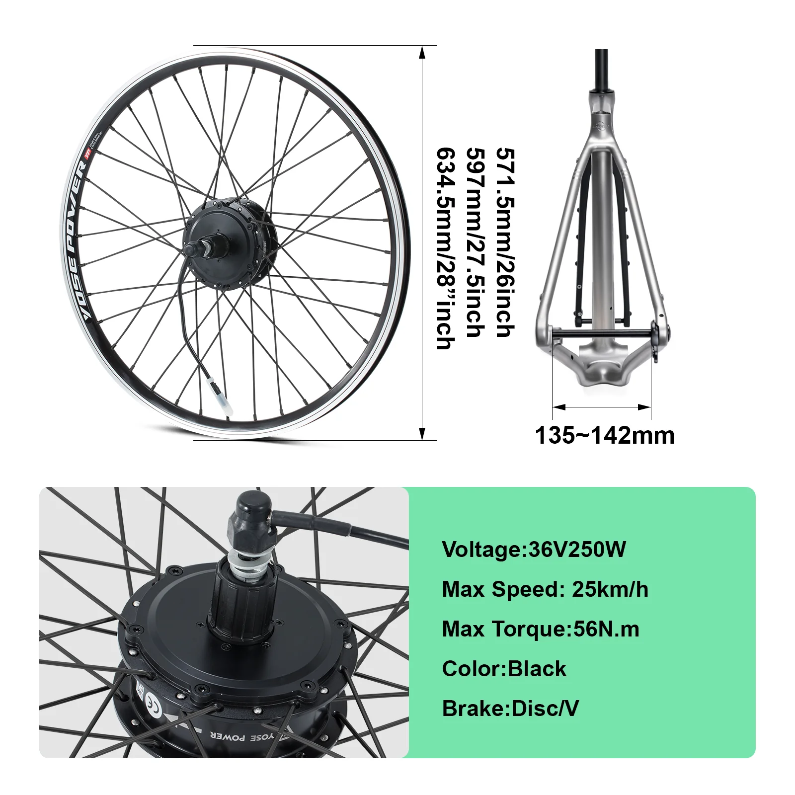 36V250W 26"/27.5"/28" Rear Hub Motor Conversion Kit for Cassette - Image 3