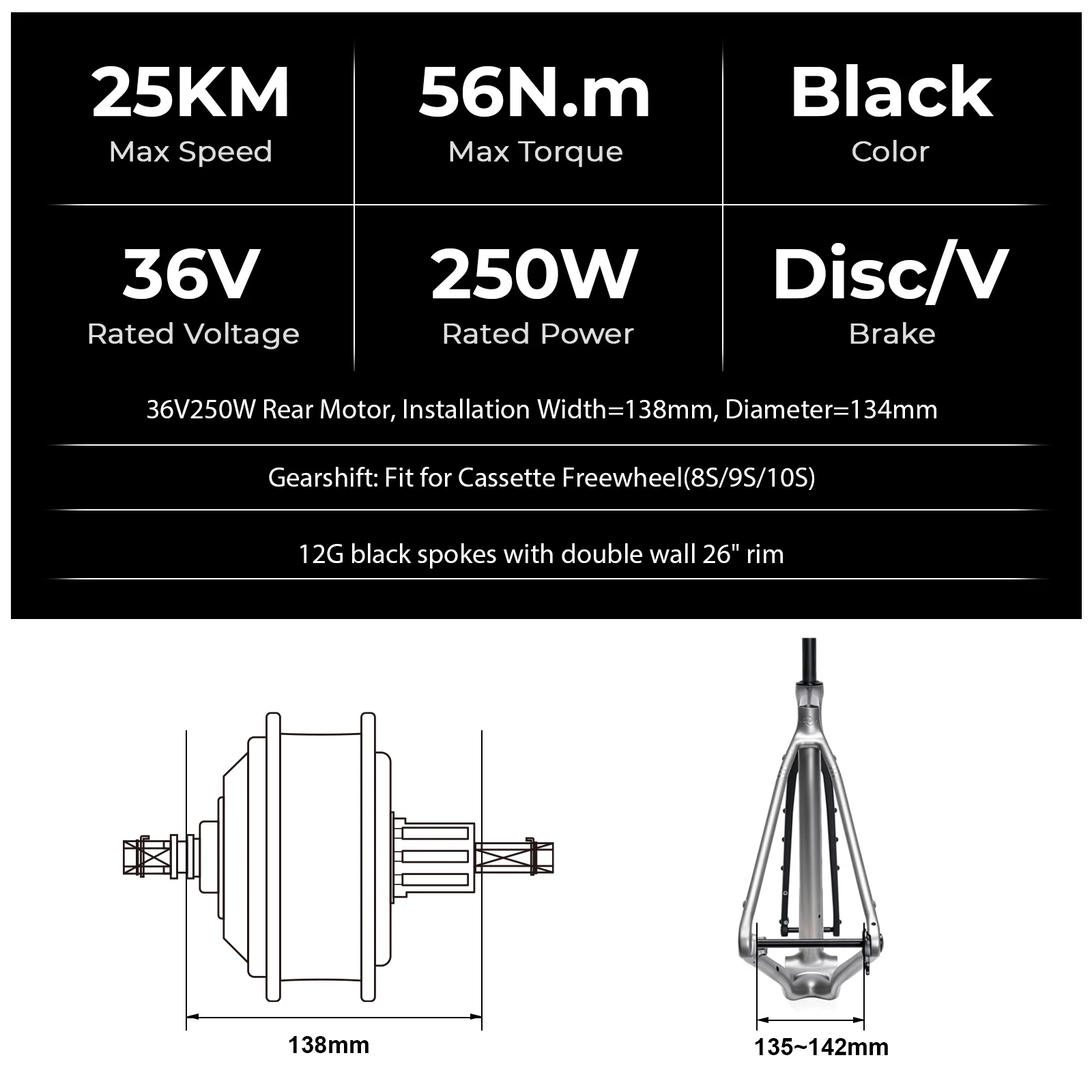 36V250W 26"/27.5"/28" Rear Hub Motor Conversion Kit for Cassette - Image 4