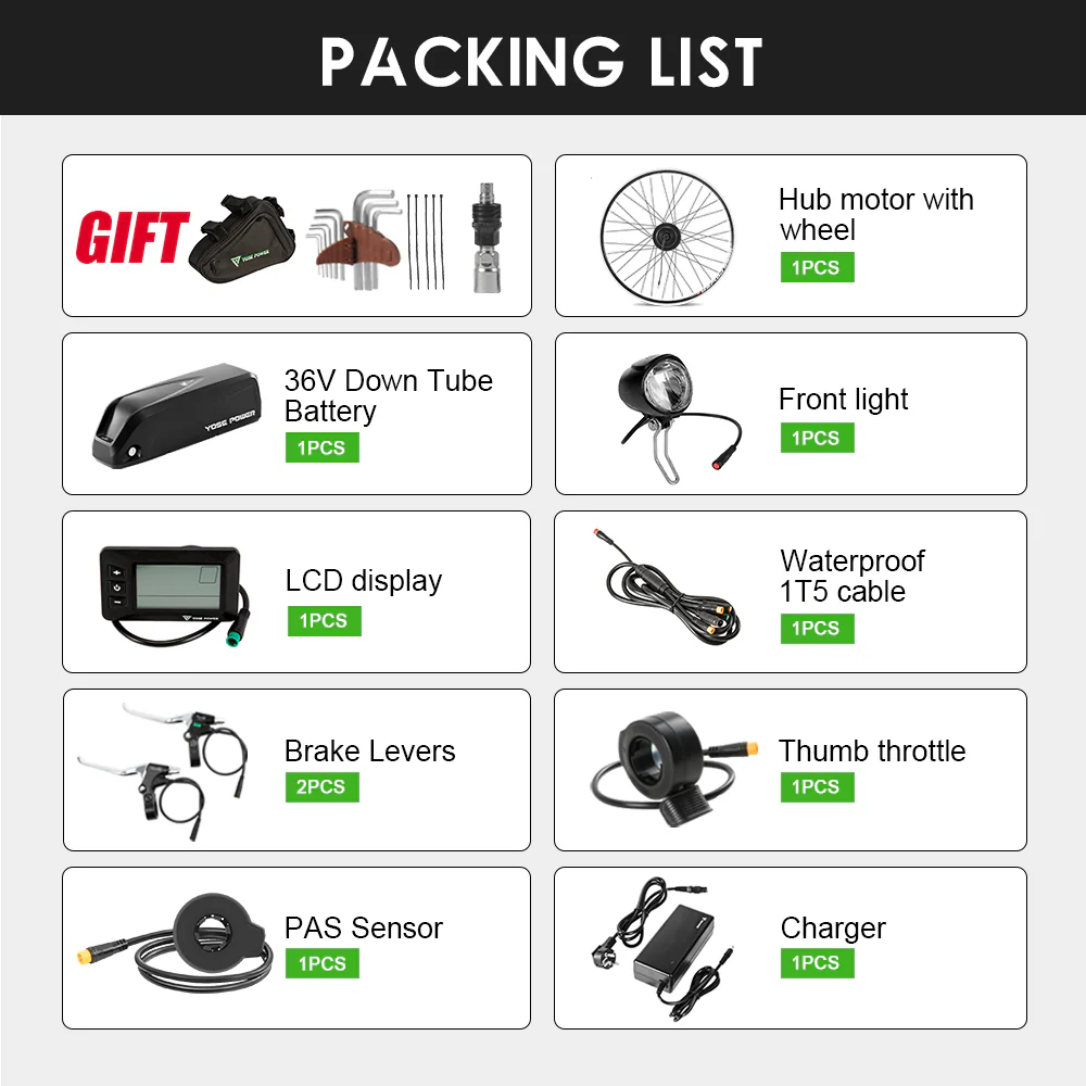 36V250W 26"/28" Front E-Bike Conversion Kit + 36V18Ah HL Mix Battery - Image 8