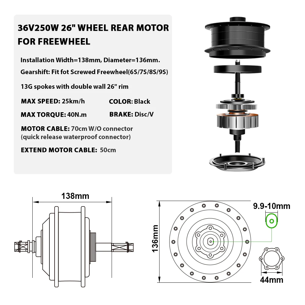 36V250W 26"/28" Rear Ebike Conversion Kit for Freewheel Non waterproof - Image 3