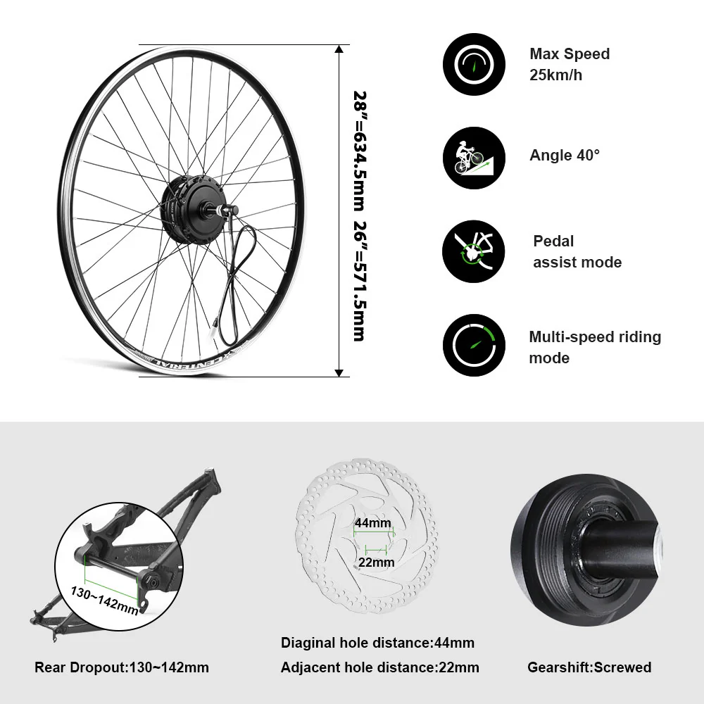 36V250W 26"/28" Rear E-Bike Conversion Kit for Freewheel with 36V13Ah HL1 Battery - Image 3