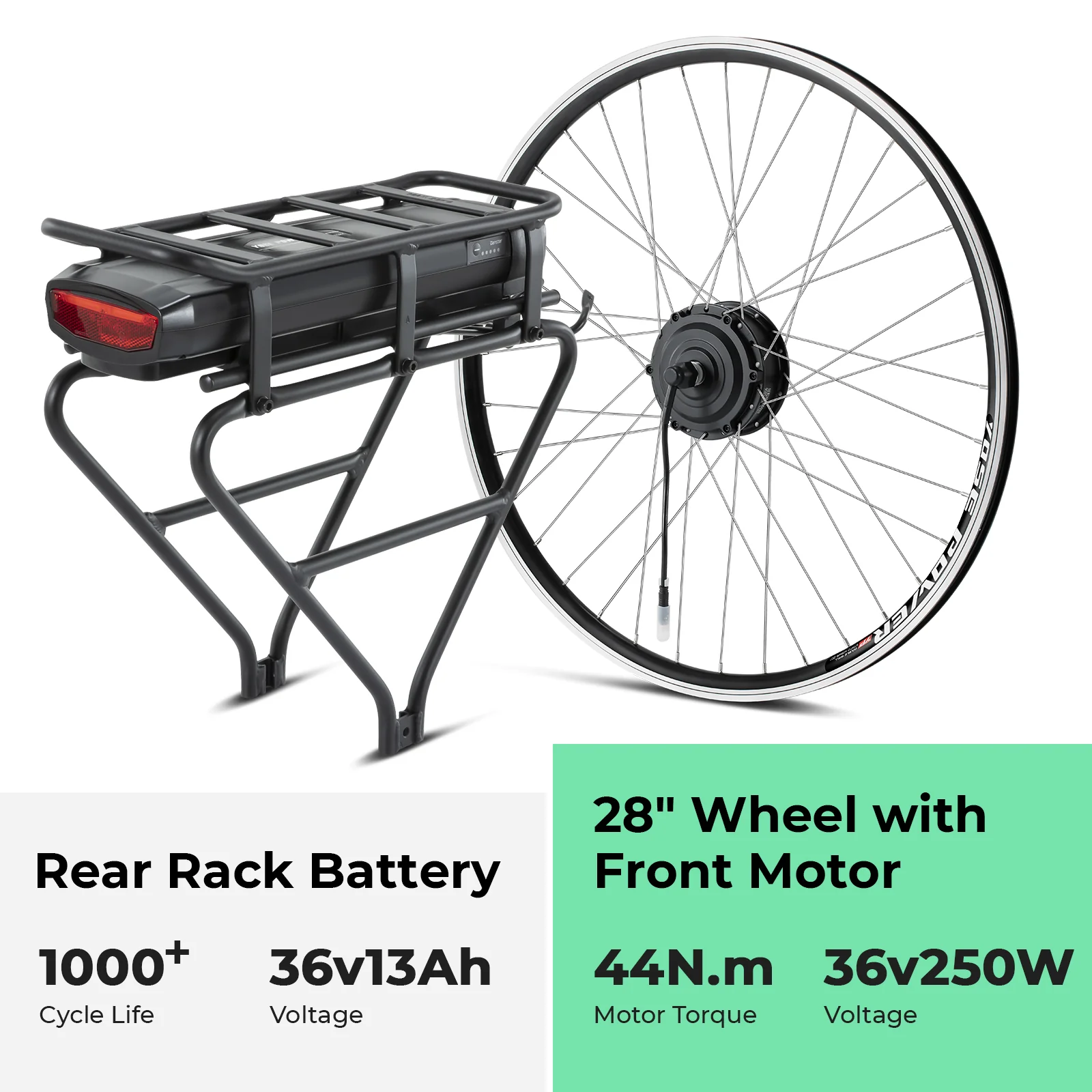36V250W 28"(700C) 44NM Front Motor Kit R1 with 36V 13Ah Rear Battery with Rack fit for Bike with Disc/V-brake - Image 3