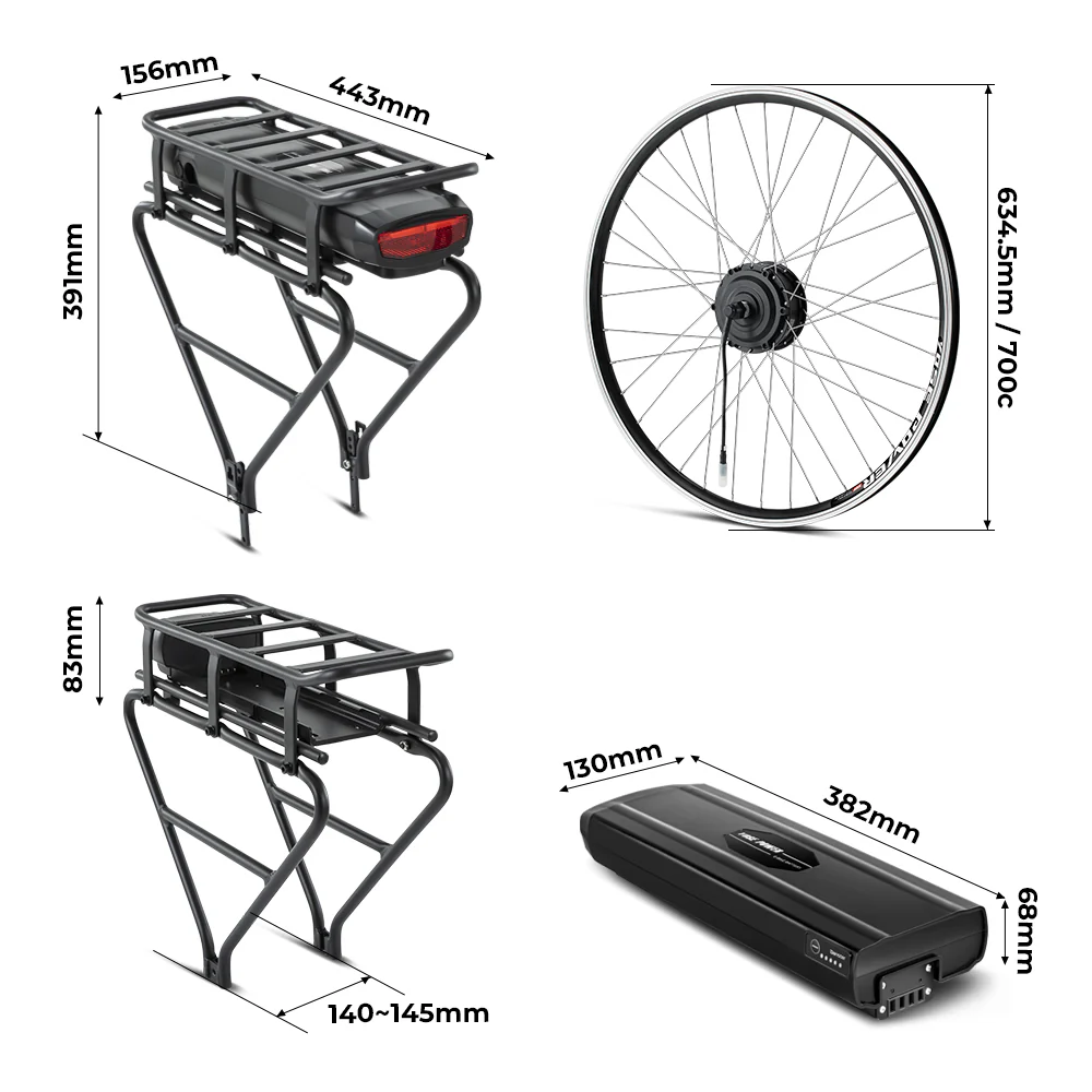 36V250W 28"(700C) 44NM Front Motor Kit R1 with 36V 13Ah Rear Battery with Rack fit for Bike with Disc/V-brake - Image 4