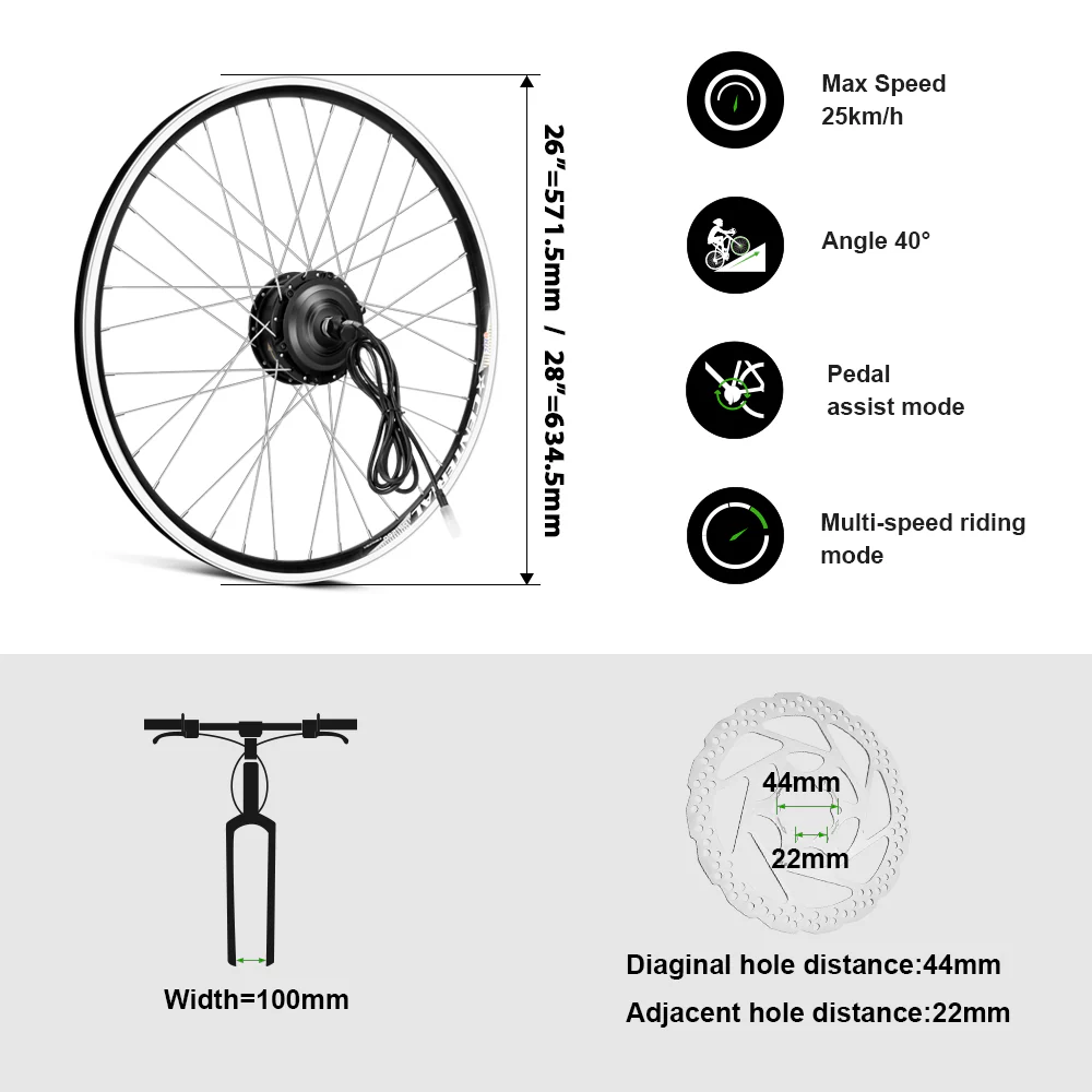 36V250W 26"/28" Front E-Bike Conversion Kit + 36V15.6Ah HL Plus Battery - Image 3