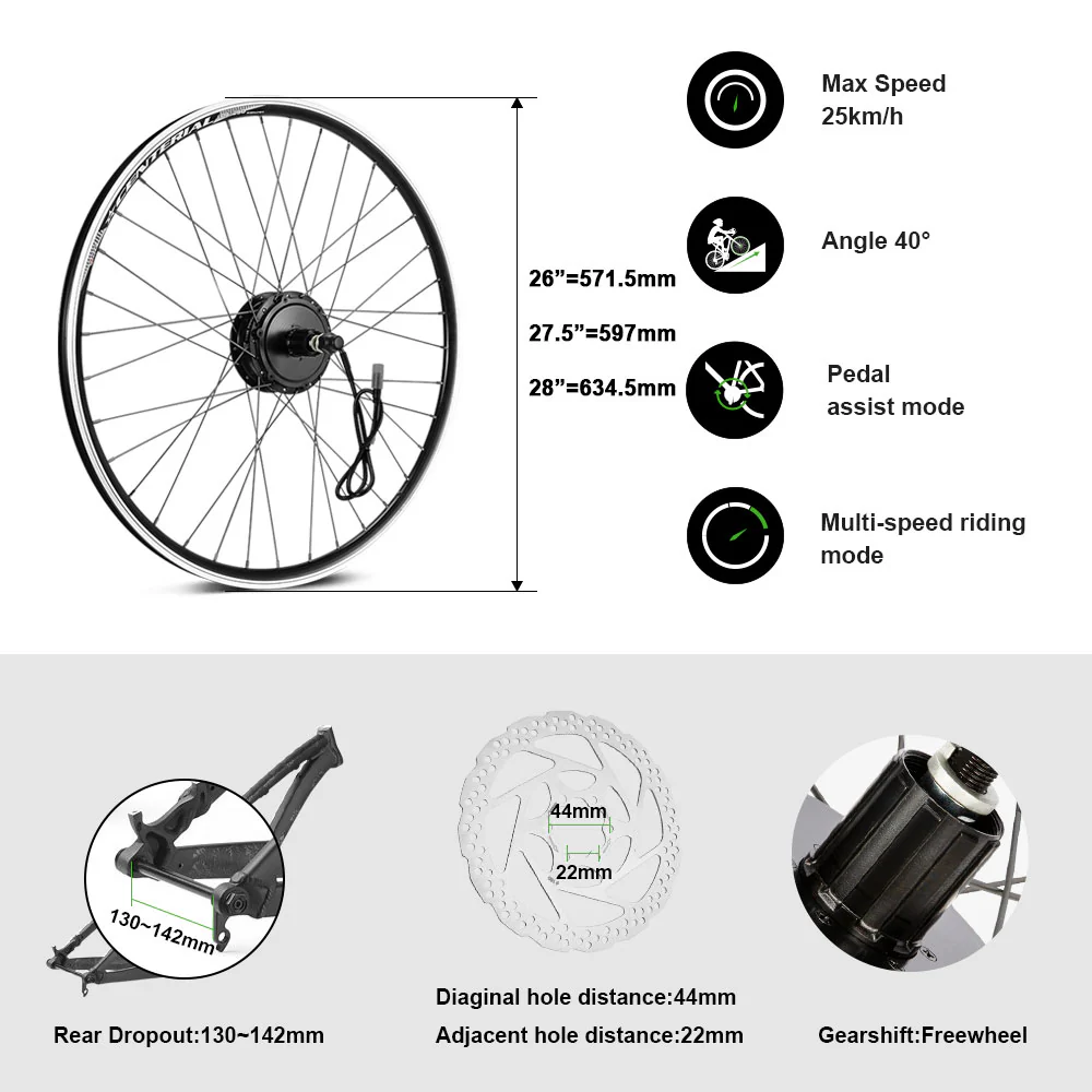 36V250W 26"/27.5"/28" Rear E-Bike Conversion Kit for Cassette with 36V13Ah HL1 Battery - Image 3